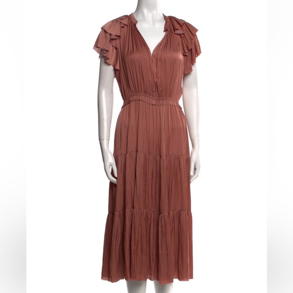 ULLA JOHNSON Terracotta V Neck Midi Dress with designer details 🙌🏻 - Picture 1 of 3